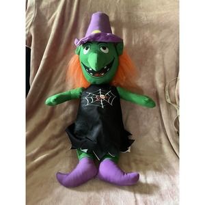 Halloween Green Witch 17” Plush Nylon AAA Global Orange Hair spiderweb dress